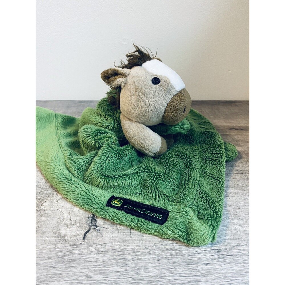 John Deere Baby Tan Horse Cuddle Blanket Plush Lovey Blankie Green 13" X 13"